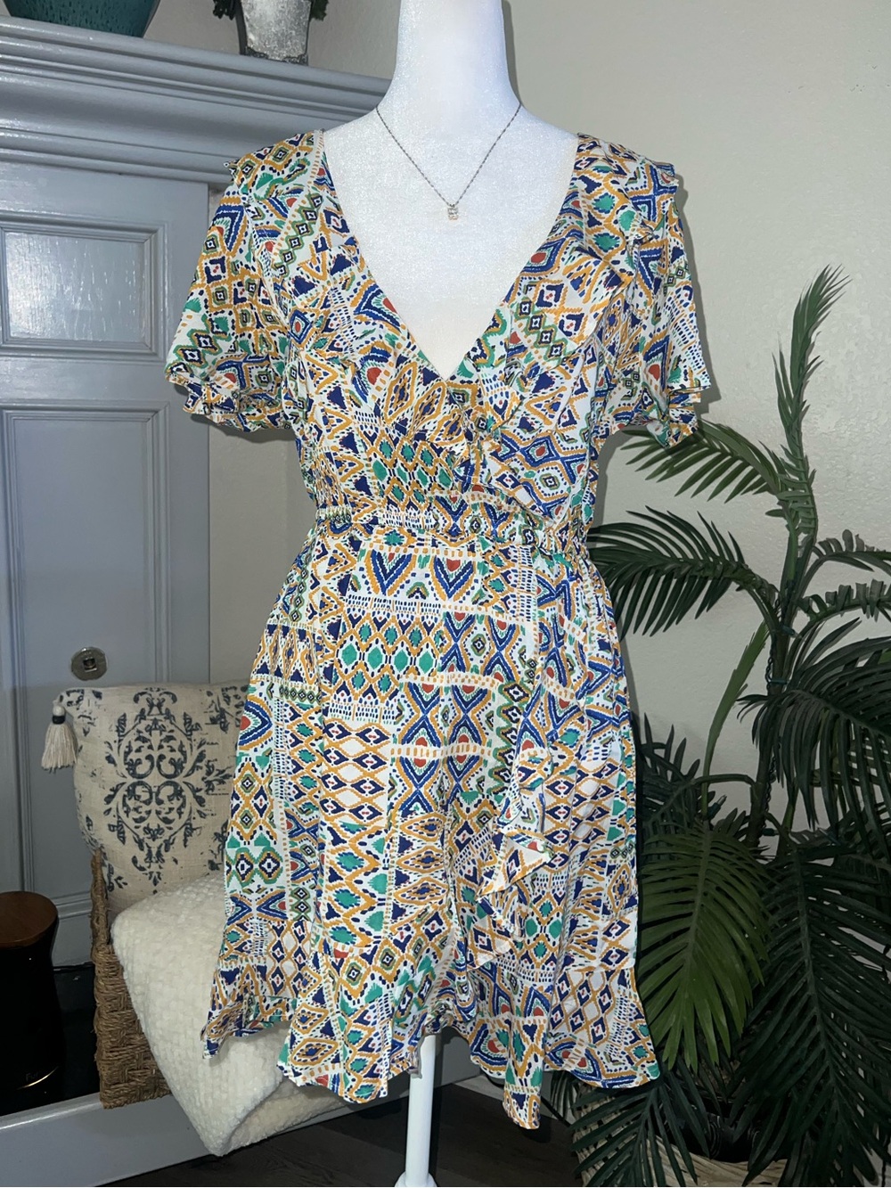 blue island Geometric V-Neck Mini Dress in Blue, Green & Yellow